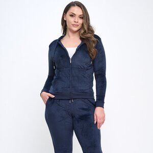 Velour Super Stretch Solid 2-Piece Women Long Sleeve Hoodie Tracksuit - NAVY